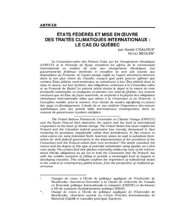 États fédérés et mise en œuvre de traités climatiques internationaux : le cas du Québec